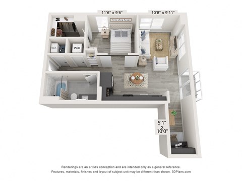 Floor plan for 1 bed, 1 bath, 730 sqft